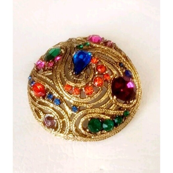 Vintage Signed Thelma Deutsch Multi-Colored Faceted Rhinestone Large Dome Brooch